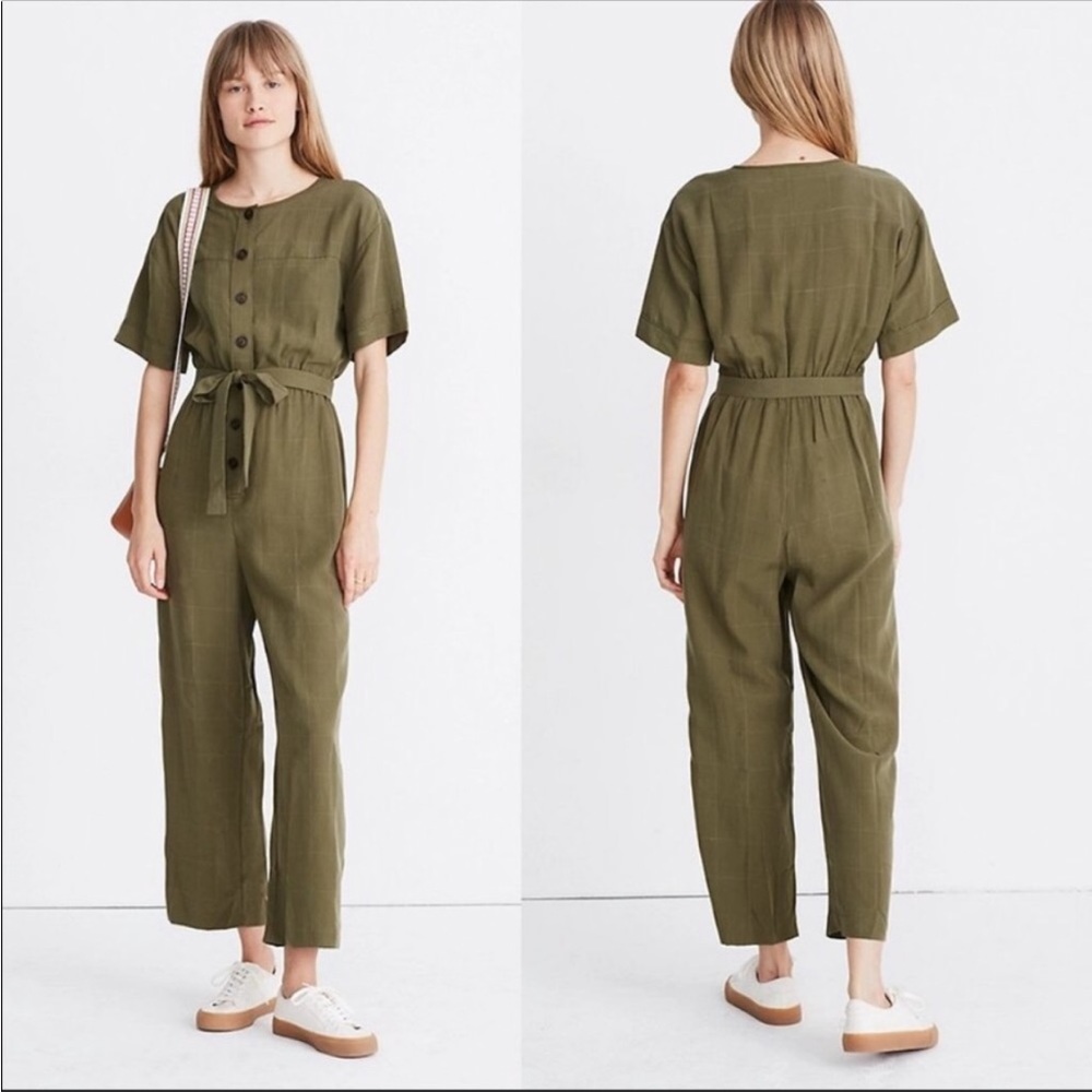 MADEWELL Womens Jumpsuit Olive Green Short Sleeve Belted Windowpane with Belt